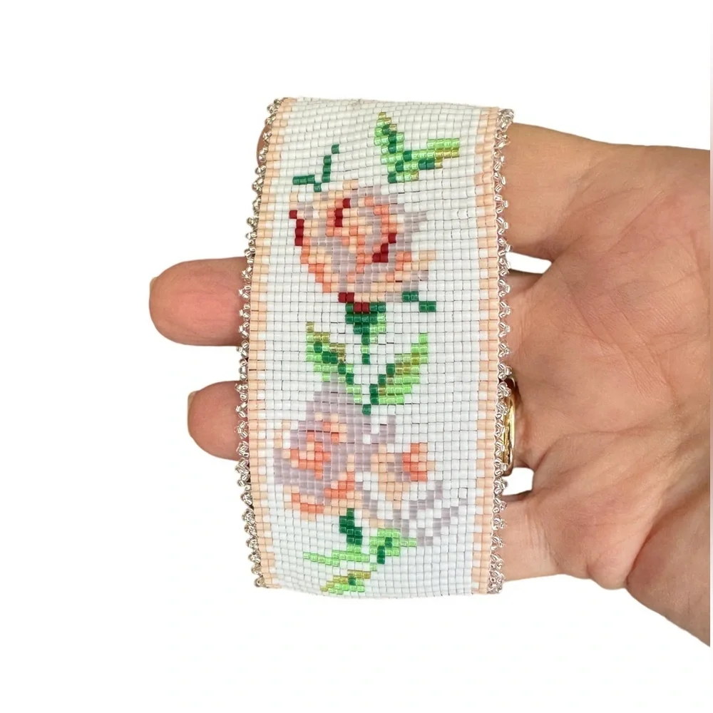 COPY - Handcrafted loom cuff bracelet roses on white w/silver beaded border adj…